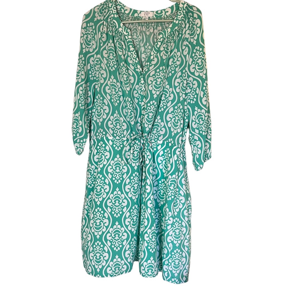 crown & ivy Teal and White Patterned Midi Dress